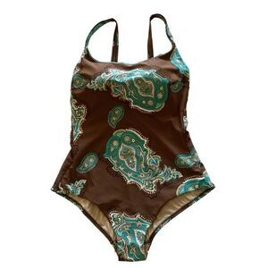 Agua Esmeralda Brown & Teal Paisley Made in Italy One Piece Swimsuit Size 14